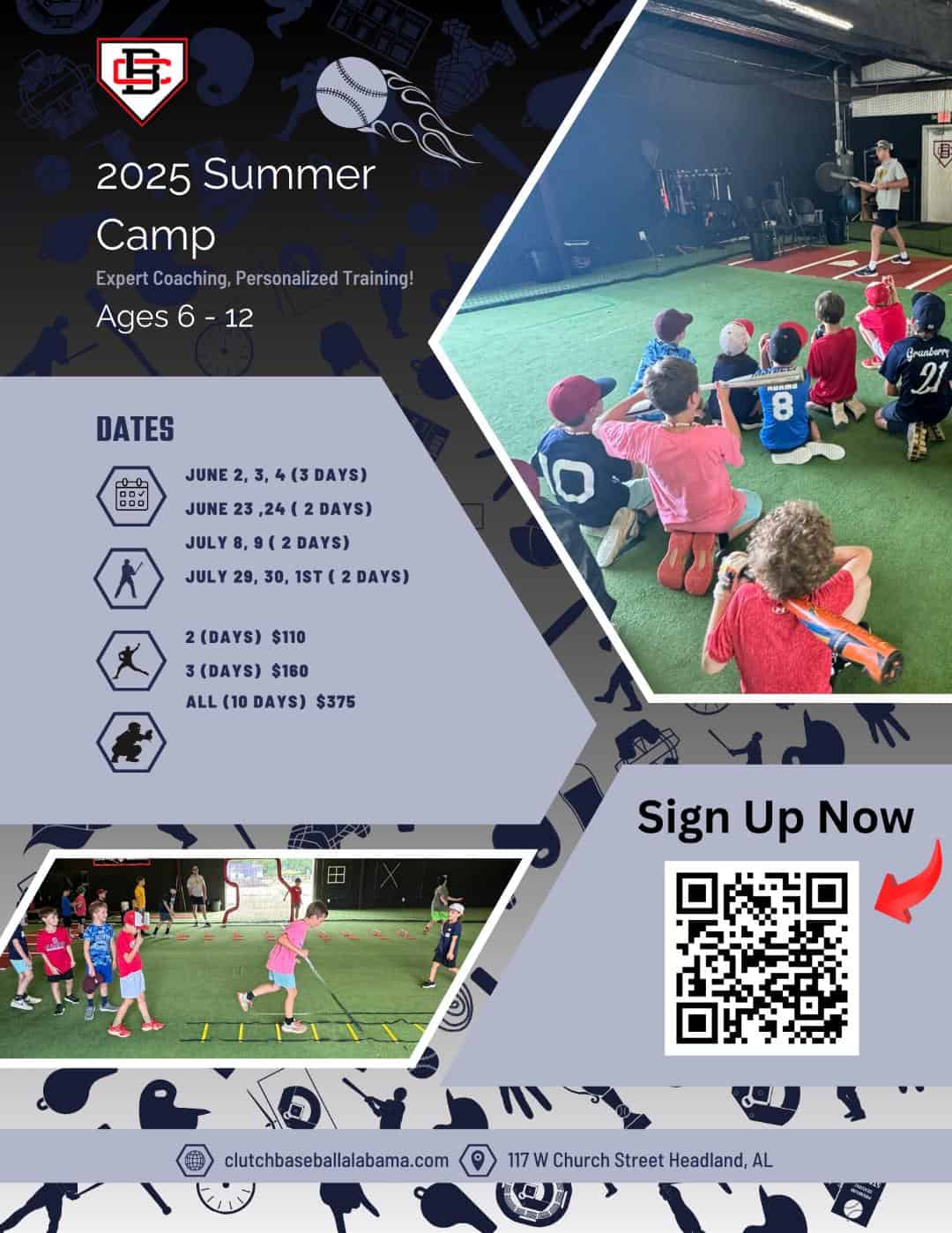 summer camp flyer 2025 Clutch Baseball Summer Camp 2025